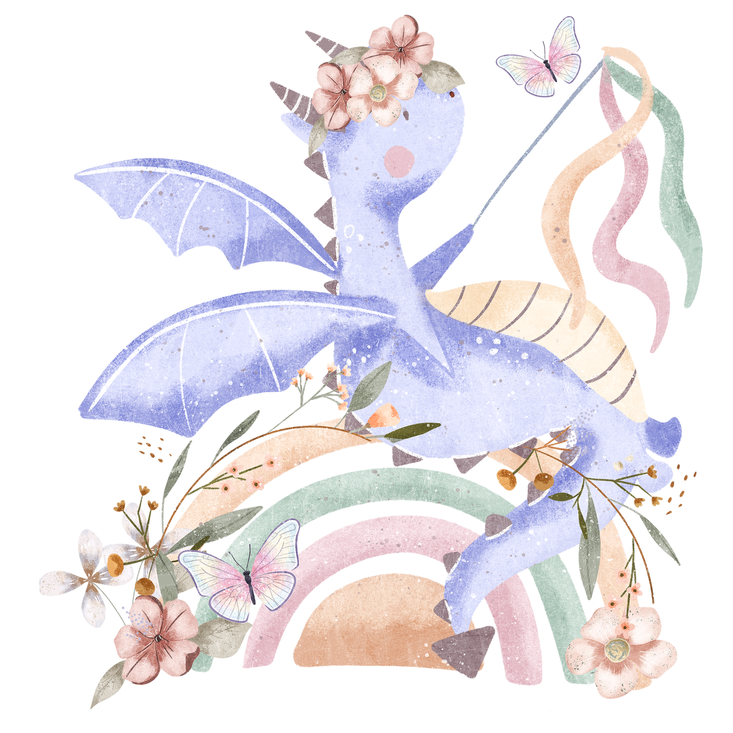 Bügelbild Drache Rosa mit Blumen und Schmetterling