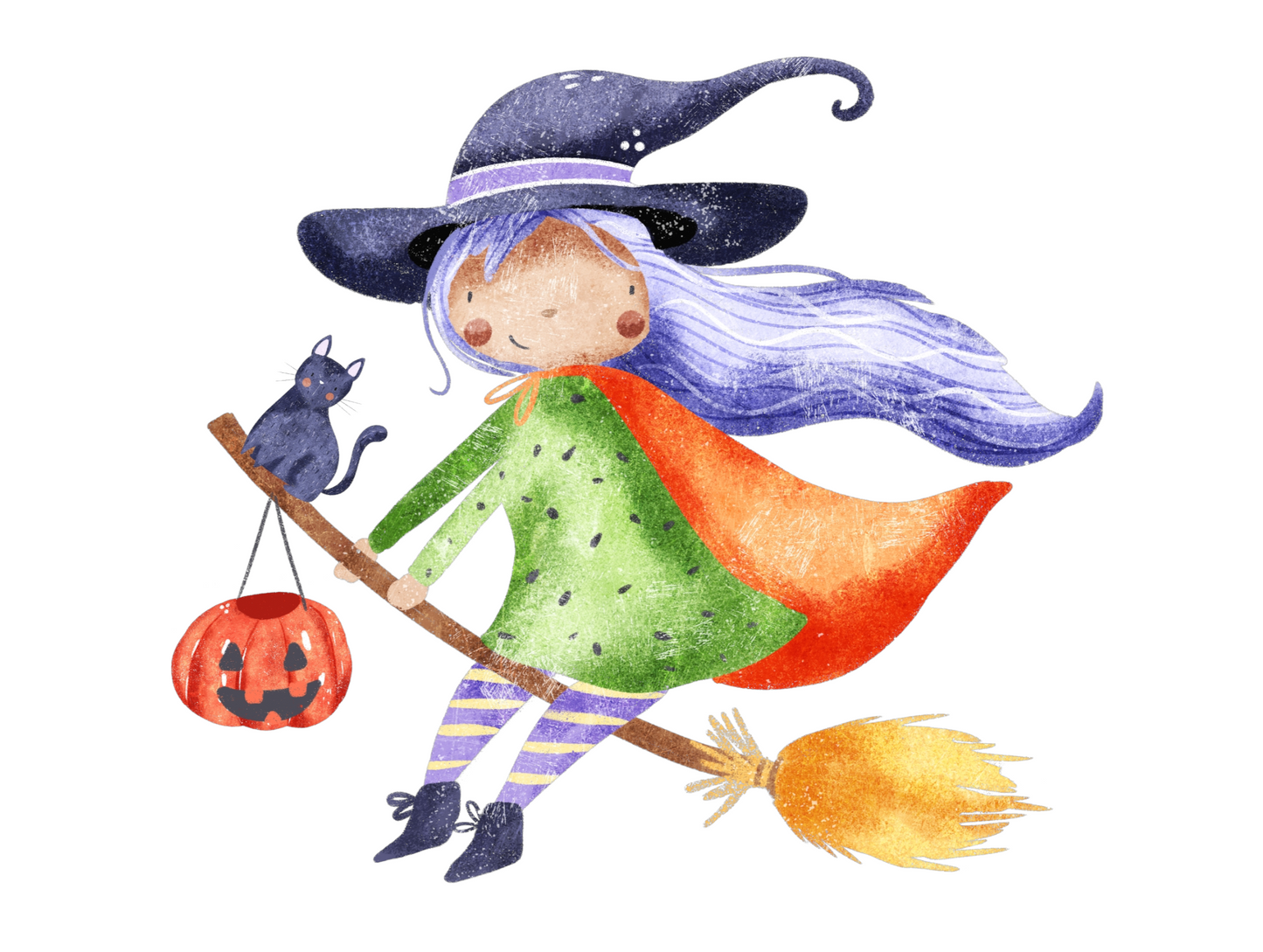 Bügelbild Hexe mit lila Haaren auf dem Besen