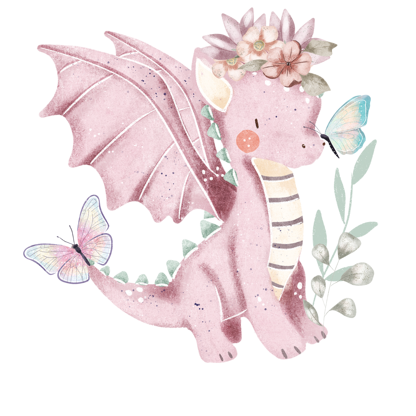 Bügelbild Drache Rosa mit Blumen und Schmetterling