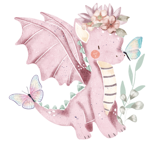 Bügelbild Drache Rosa mit Blumen und Schmetterling