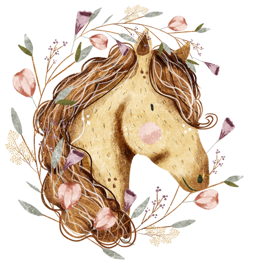 Bügelbild Pferd hellbraun mit Blumen