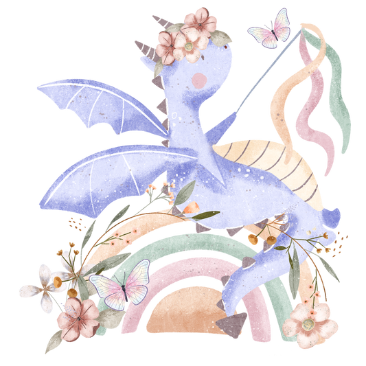 Bügelbild Drache Lila mit Blumen und Regenbogen