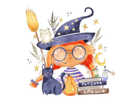 Bügelbild Hexe mit Katze,Besen und Bücher