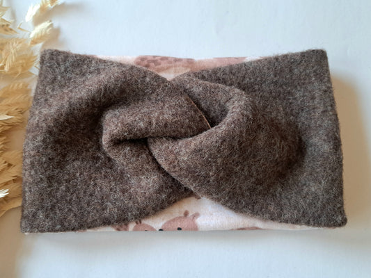 Stirnband Wollfleece 'Virgin Wool' mulesingfrei braun meliert mit Eichhörnchen