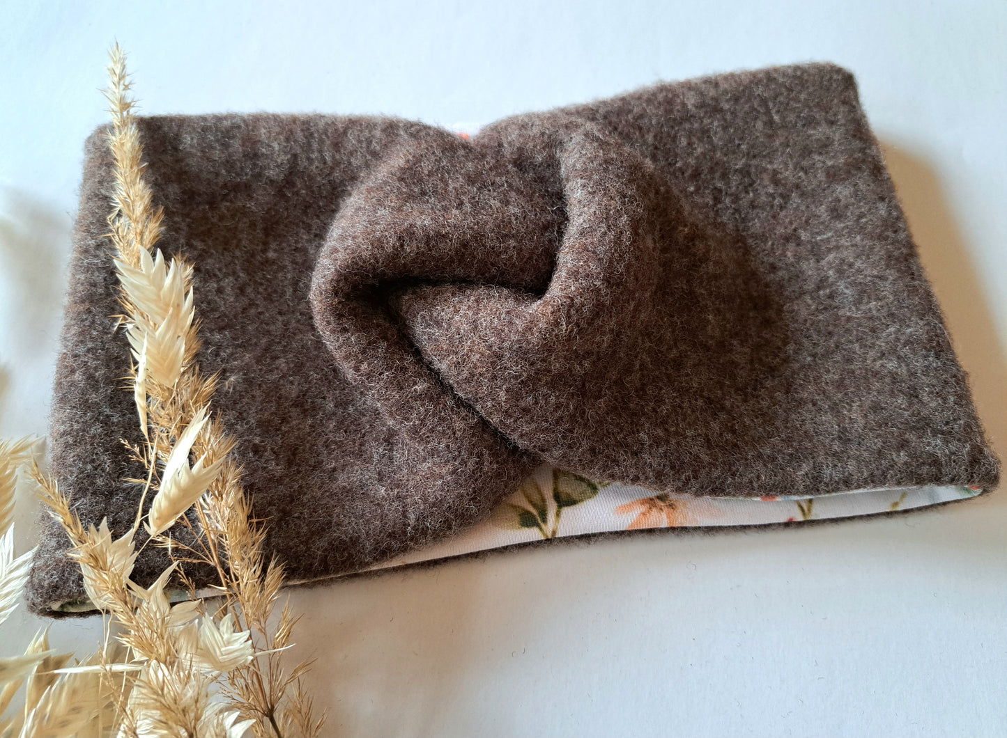 Stirnband Wollfleece 'Virgin Wool' mulesingfrei braun meliert mit Bienen