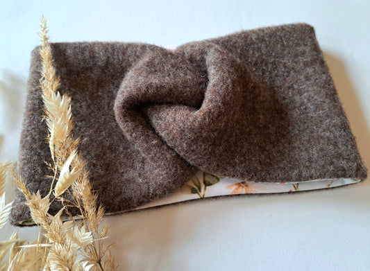 Stirnband Wollfleece 'Virgin Wool' mulesingfrei braun meliert mit Bienen